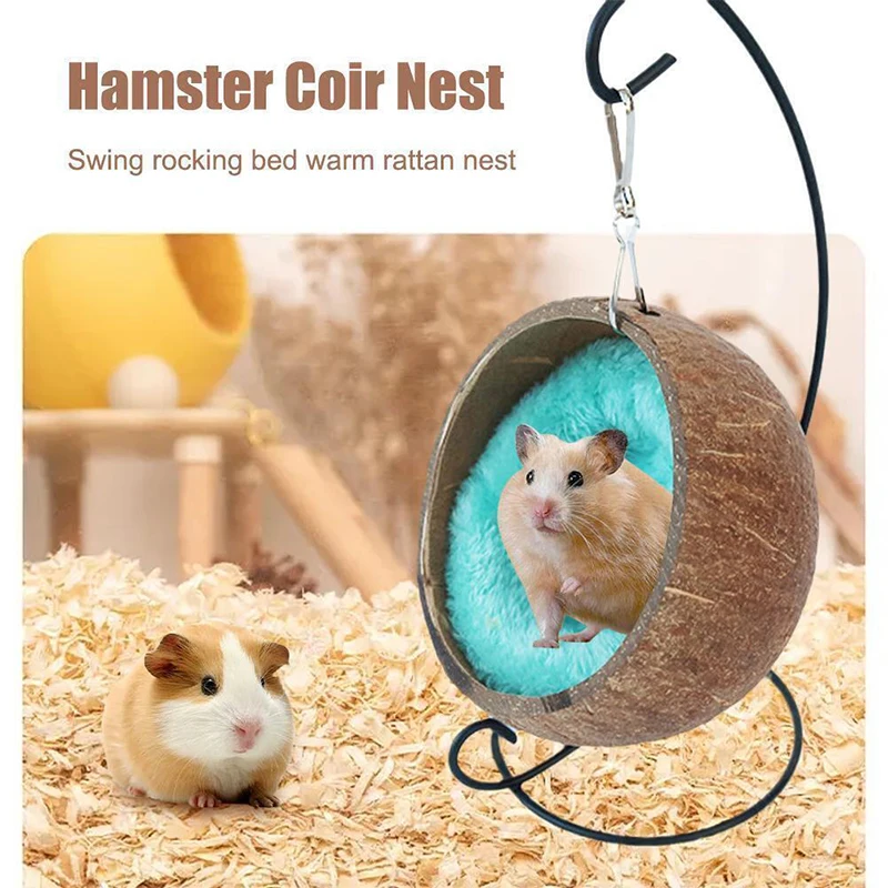 

Hamster Coconut Shell Hanging Hammock Nest Bed Hideout with Stand Cage Accessories for Small Animals Golden Bear Sugar Glider