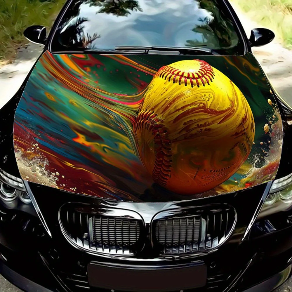 

Желтый бейсбол на красочном фоне, крутой, спортивный, подарок, виниловые наклейки для автомобиля, наклейка на капот двигателя, устойчивая к брызгам, легкая