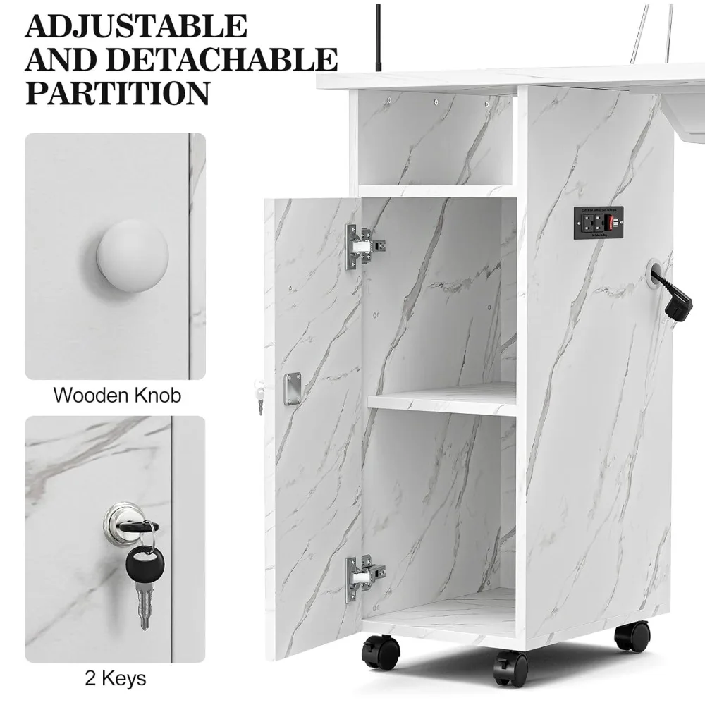 محطة أظافر طاولة مانيكير مع محطة شحن، محطة طاولة أظافر ذات نسيج رخامي لتقنية الأظافر مع مجمع غبار، طاقة O