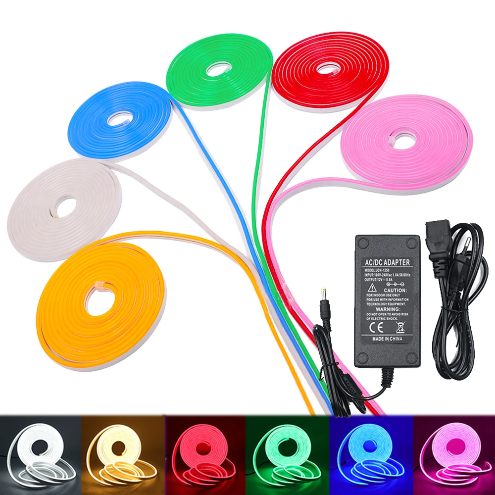 12V Neon LED Strip With Power Supply Waterproof SMD 2835 120LEDs/m White Red Green Blue Pink Yellow Flexible Tape For Home Decor