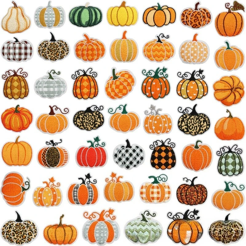 48Pcs Fall Pumpkin Embroidered Patches, Iron on Leopard Plaid Argyle Appliques for DIY Clothing Bags & Hats