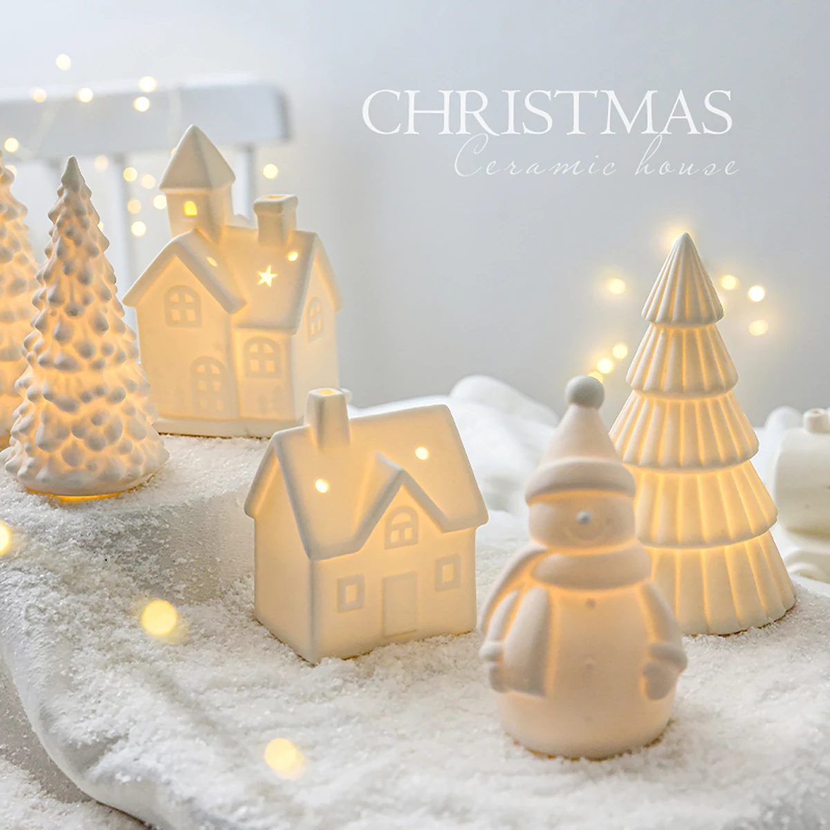 Christmas Ceramic House Desktop Decoration Glowing Christmas Snowhouse Snowman Christmas Tree Decoration