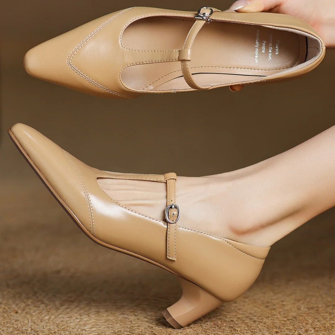 

Женские туфли-лодочки без шнуровки из натуральной кожи с острым носком и Т-образным ремешком, элегантные женские туфли на тонком высоком каблуке 5 см, повседневные тонкие модельные туфли на каблуке