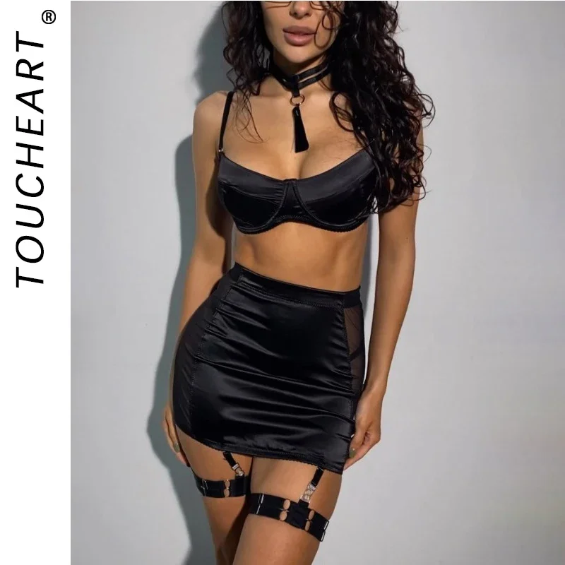 

Toucheart Sexy Underwear Set Satin Spliced Mesh See-through Hip-covering Tassel Women's Solid Color 5-piece Sexy Lingerie Set