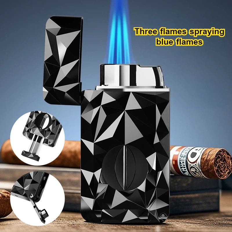 New High Beauty Diamond Cut Face Lighter with Multi Function and V-Cut Cigar Lighter, Three Dash Windproof Igniter 2026