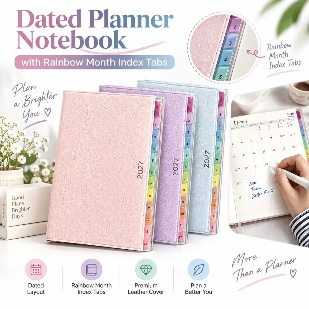 New Textured Cover 2027 Planner with Rainbow Index Tabs with Calendar Planner Notebook Appointment Book Journaling