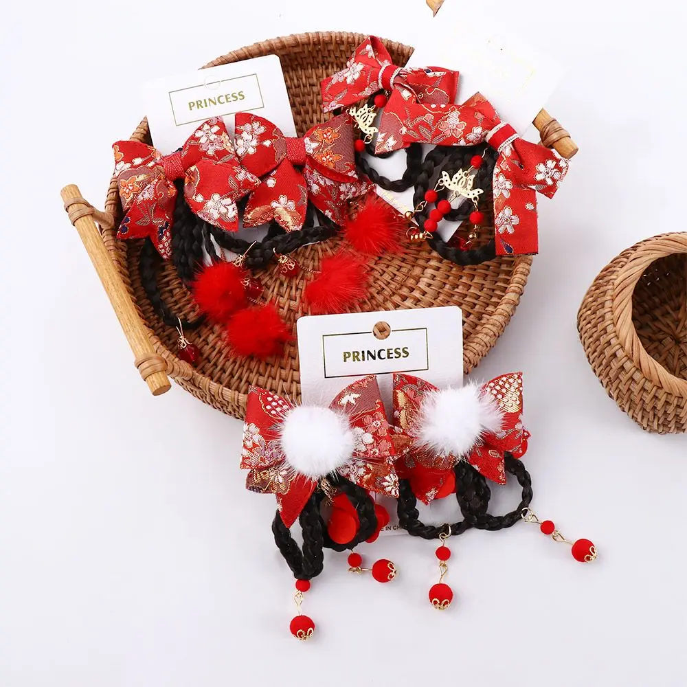 Children Elegant Chinese Style Female Hanfu Headdress Tassel Tang Suit Wig Braid Hairpin Bow Hairpin Hair Accessories Side Clip