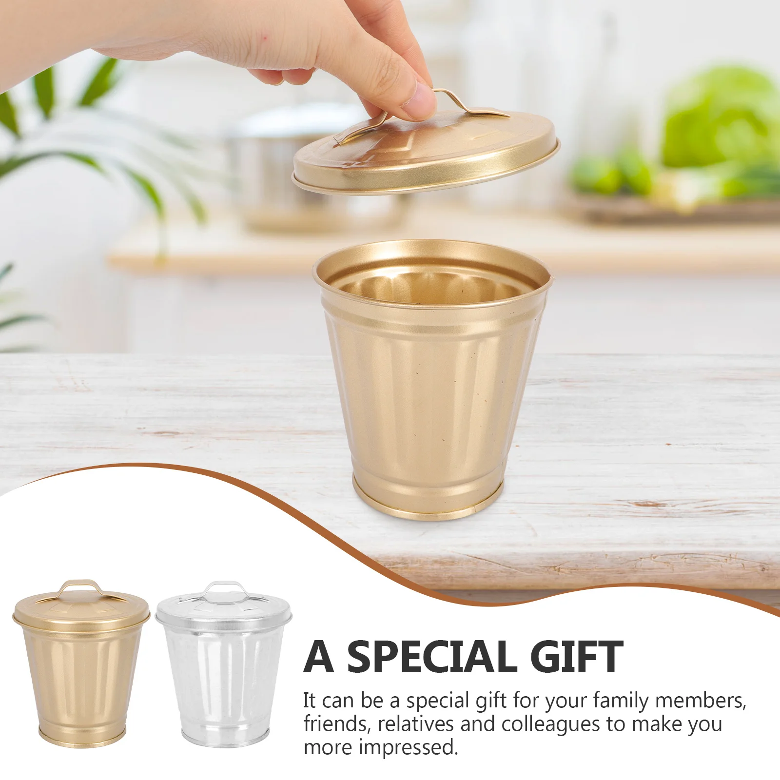 

2Pcs Mini Trash Can Desktop Iron Garbage Holder Lidded Tiny Trash Bin Safe Storage Mini Garbage Can Miniature