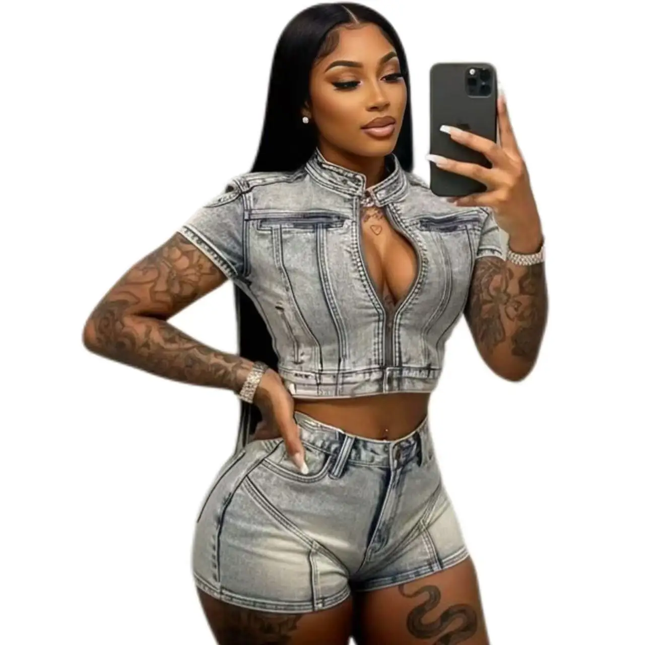 High-Stretch Washed Denim Casual Women's Two-Piece Set