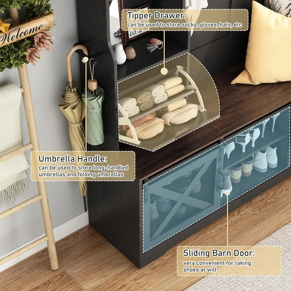 شجرة قاعة على طراز المزرعة مضيئة بإضاءة LED بطول 72 بوصة مع مقعد ورف معطف و16 مكعب لتخزين الأحذية وحامل مظلة #3