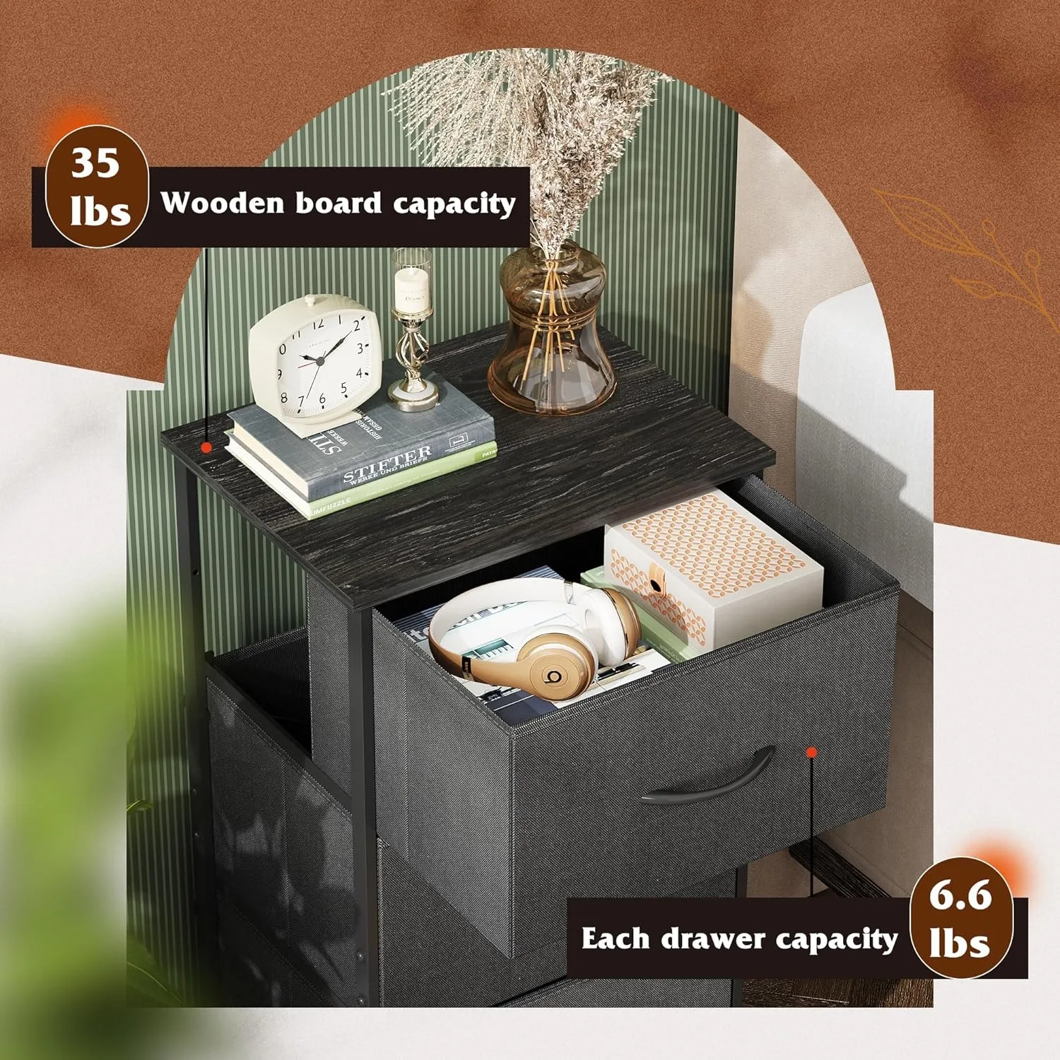 Kommode mit 3 Schubladen, Nachttisch aus Stoff, Organizer-Einheit, Aufbewahrungskommode für Schlafzimmer, Flur, Eingangsbereich, Schränke, Anthrazitschwarz