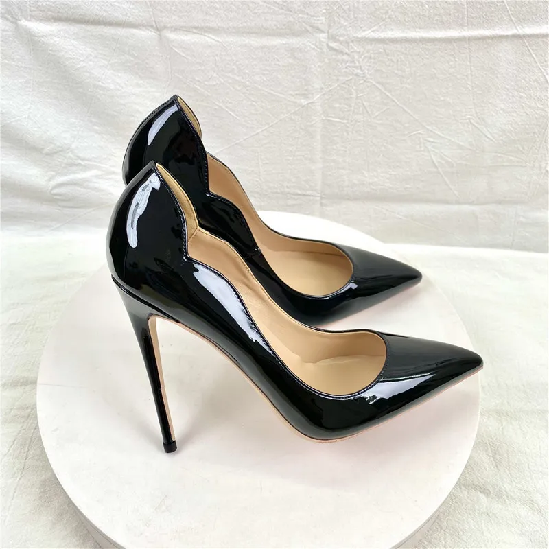 Elegant Glossy Black Curl Cut Women Pointy Toe 12cm High Heel Shoes Sexy V Cut Lady Party Wedding Stiletto Pumps Size 45