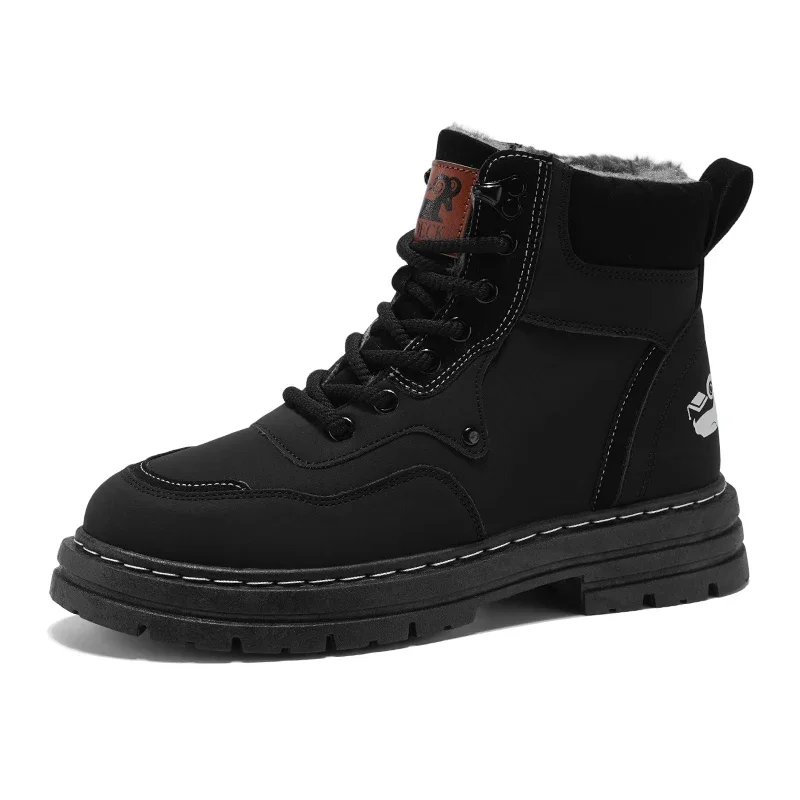 

Winter New Windproof Outdoor Cotton Shoes Solid Color Large Waterproof Lace Anti Slip Fashion Cold Resistant Men's Boots Black