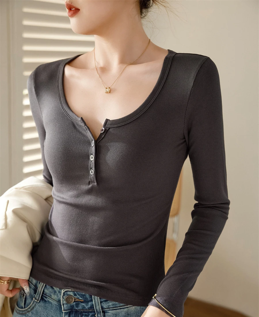 Korea Stylish Women's T-Shirts Ribbed Base Layering Tops Button Full Sleeve Solid Color Elegant Slim Stretch Female Blouse C5433