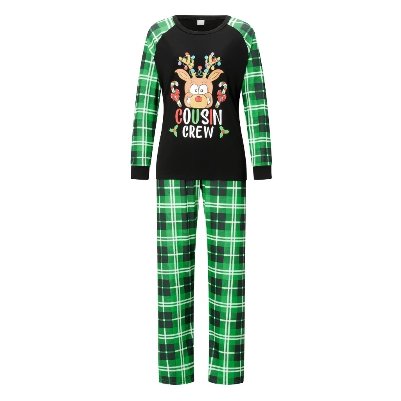 Christmas Matching Family Home Wear Set with Deer Letter Print and Green Plaids