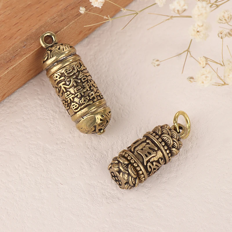 1Pc Hollow Brass Buddha Bottle Sutra Cylinder Pendant Keychain Handmade Vintage Pill Box Container Bottle