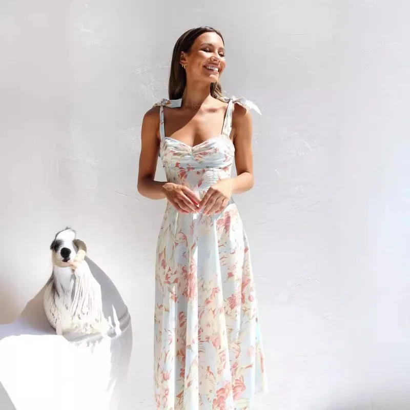 

Party Summer Dress Low-cut Floral Print V-neck Backless Sleeveless Dress-up Loose Hem Lave Up A-line Lady Ball Dress Female Clot