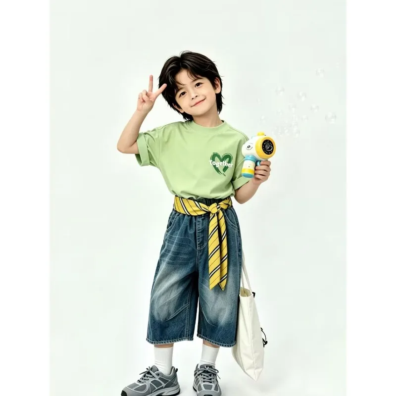 Candy Colored Pure Cotton Short Sleeved Children's Clothing for Boys and Girls Heart Printed Super Beautiful Parent-child Tshirt