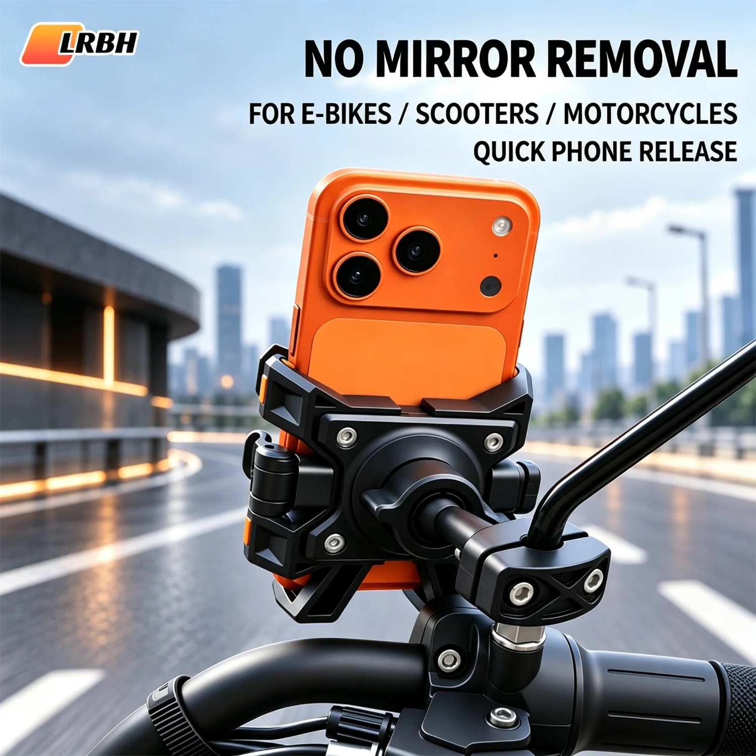 LRBH Motorcycle Phone Holder for Rearview Mirror Stem, 6-Claw Holder, No Mirror Removal, Quick Release, Fits 4.7-7.2 Inch Phones