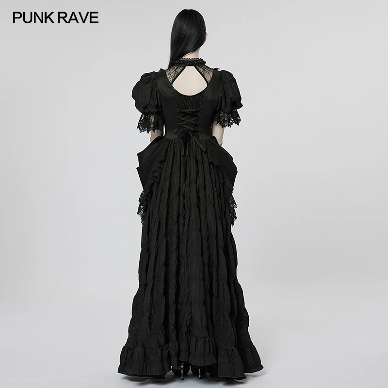 PUNK RAVE Victorian Gothic Black Textured Long Dress Women Cutout Neck Puff Sleeve Lace Trim Slim Back Ruched Maxi Gown WQ611