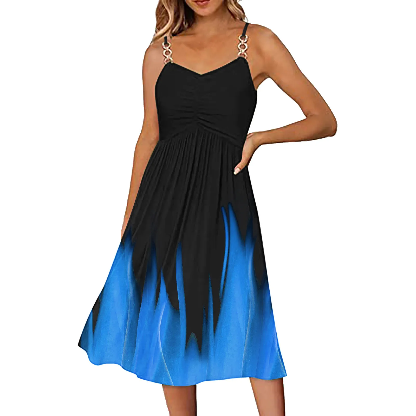 Farbverlauf Sommerkleider für Frauen sexy Metallbänder ärmellose lose Strand Sommerkleid geraffte Boho Leibchen Sommerkleid