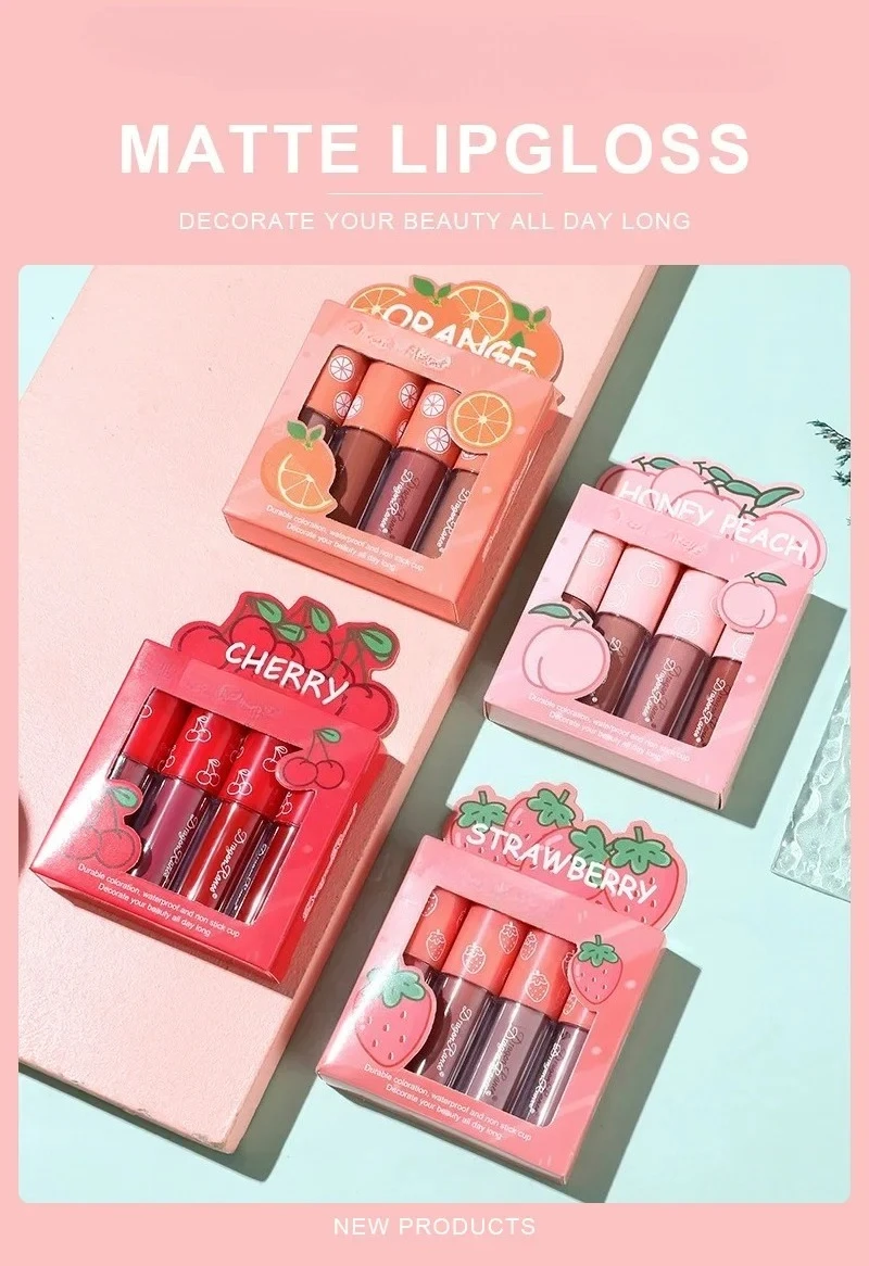 * 4 unids/set Mini juego de esmalte de labios mate, esmalte de labios de fruta antiadherente que no se decolora, barras de labios líquidas de larga duración, cosméticos de maquillaje impermeables