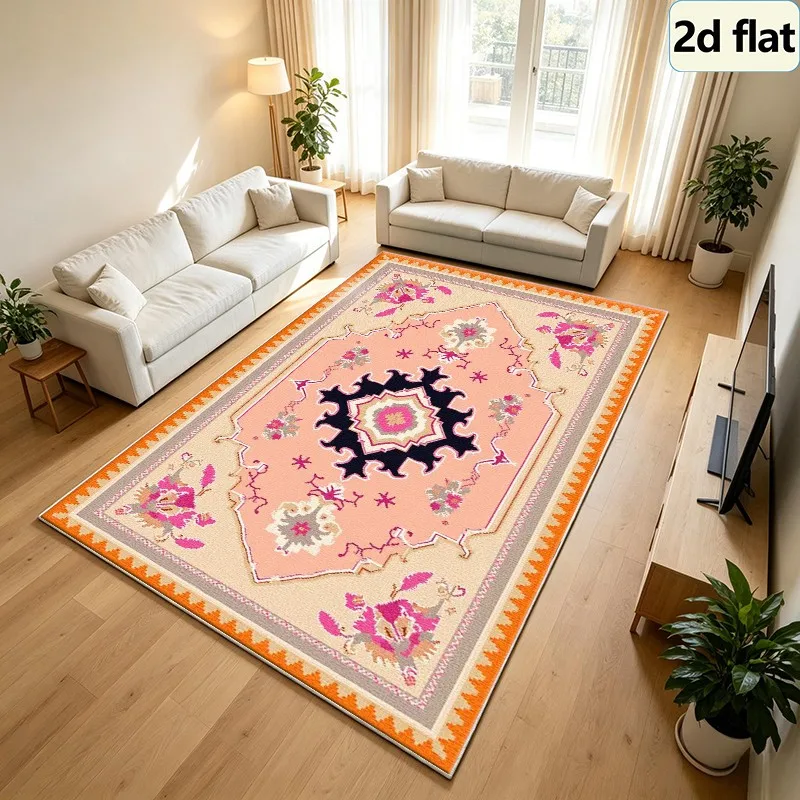 Boho Vintage Pink Ethnic Geometric Carpet Flooring Square Area Rug Non-Slip Washable Floor Carpet for Bedroom Dorm Home Interior