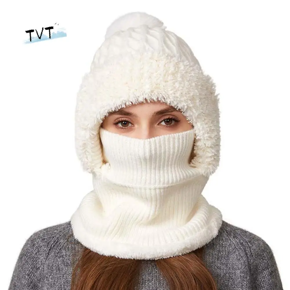 

Casual Plush Winter Cap Mask Set Solid Color Windproof 2in1 Scarf Hat Ear Protection Neck Protector Balaclavas Hat Ski