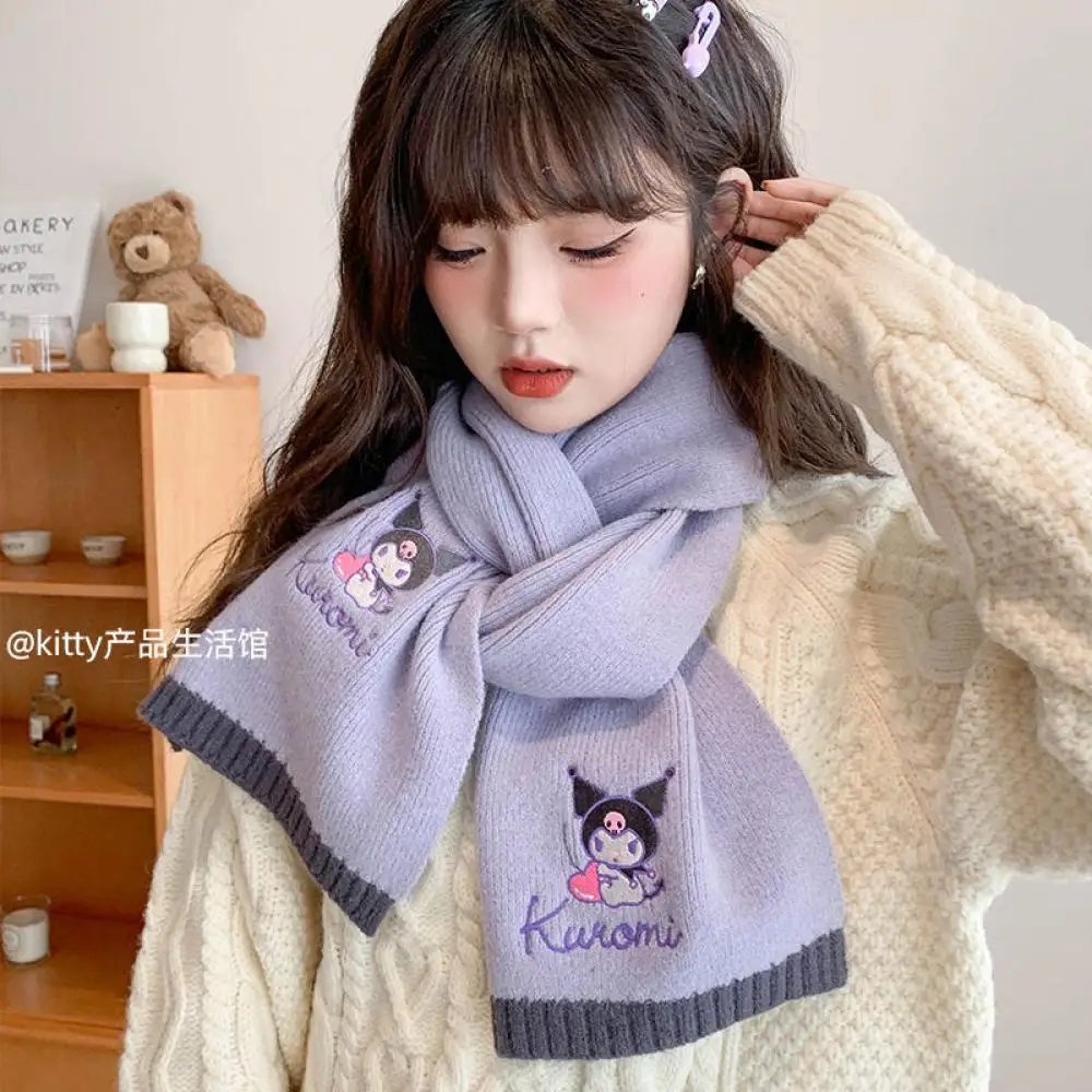 Kawaii Kuromi Knitted Scarf Sanrio Cinnamoroll My Melody Cartoon Cute Scarf Girls Winter Anime Neck Cover Girls Student Gift