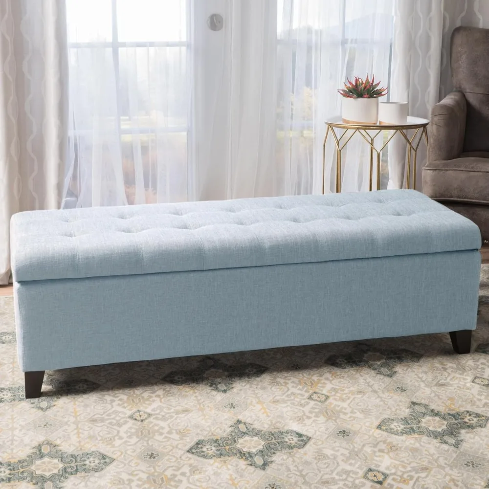 

51 Storage Ottoman Bench - Light Blue Storage Bench End of Bed with Safety Hinges, Footrest Stool for Living, Dining Room