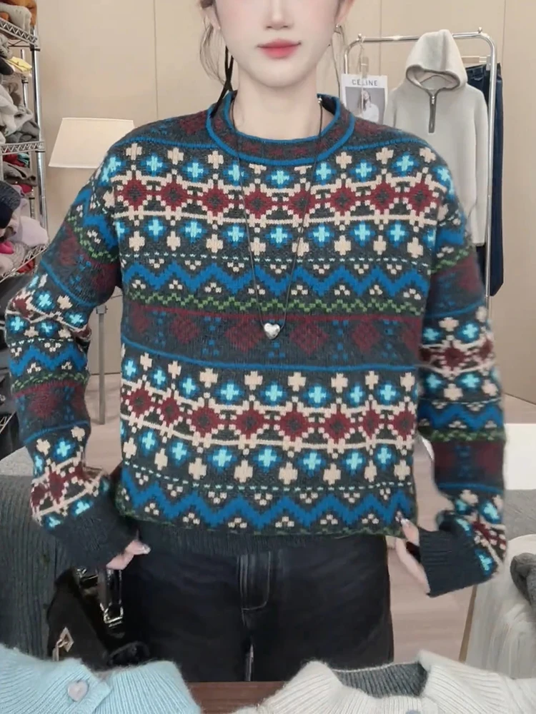 

Korean Sle Color Blo Ethnic Retro Knit Sweater 2025 Spring plus SizeMM Meat Concealing Overhead Trendy Sweater