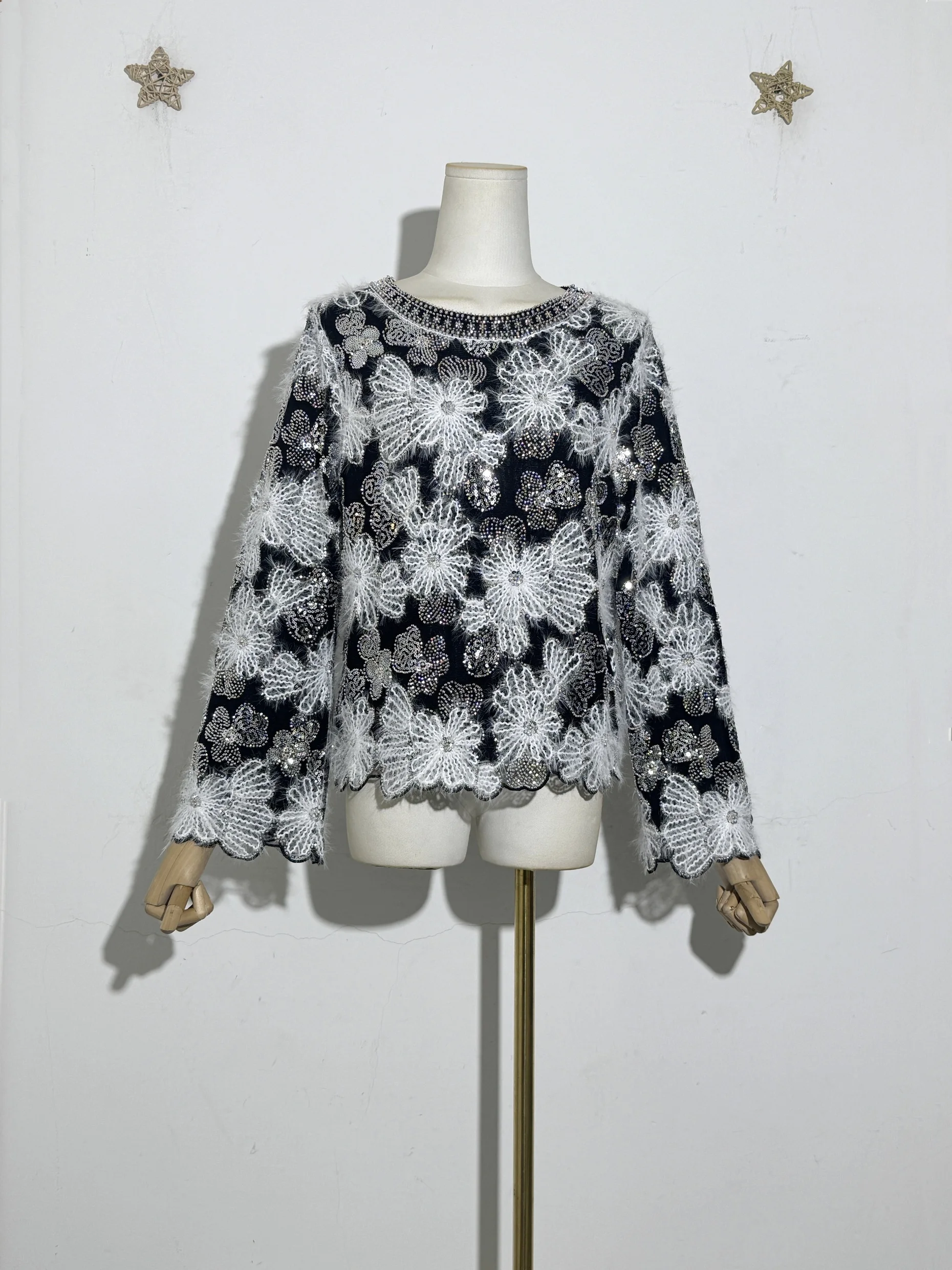 

Женская блузка с длинными рукавами и круглым вырезом с цветочной вышивкой Sprakly, разноцветное кружевное платье с блестками и бисером, украшенное бисером, пуловер, рубашка, топ