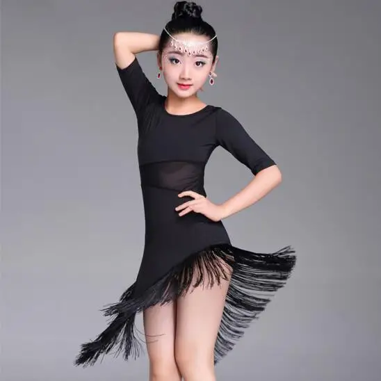 Girls Fringe Latin Dance Kids Professional Competition Child Ballroom Tango Salsa Costume Latin Dance Dresses Clothes Black Red