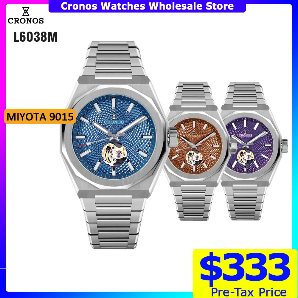 Cronos Luxury Men Watch 39mm Skeleton Dial Automatic Miyota 90S5 No Date Scale Pattern Sapphire 10ATM See-through Back L6038M
