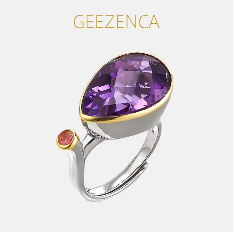 GEEZENCA  Pear Amethyst Citrine S925 Silver Two Toned Open Rings For Women Teardrop Birthstone Dainty Chunky Statement Ring Gift