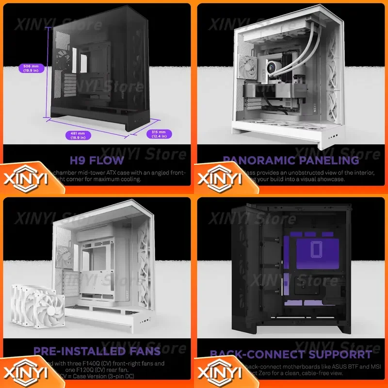 for NZ XT H9 Flow Black White Mid Tower ATX Gaming PC Case with Tempered Glass View and 4 Pre installed Fans for DIY Desktop