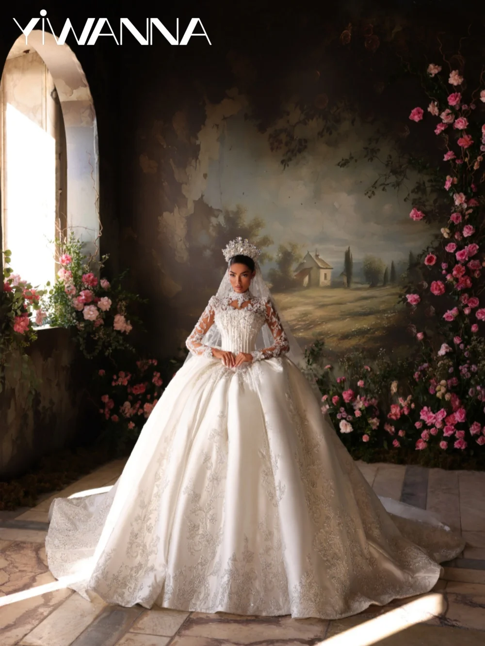 

2026 New Opulent Beaded Wedding Dress Dreamy Royal Satin Princess Bridal Gown Customized Elegant Long Sleeve Dresses For Bride
