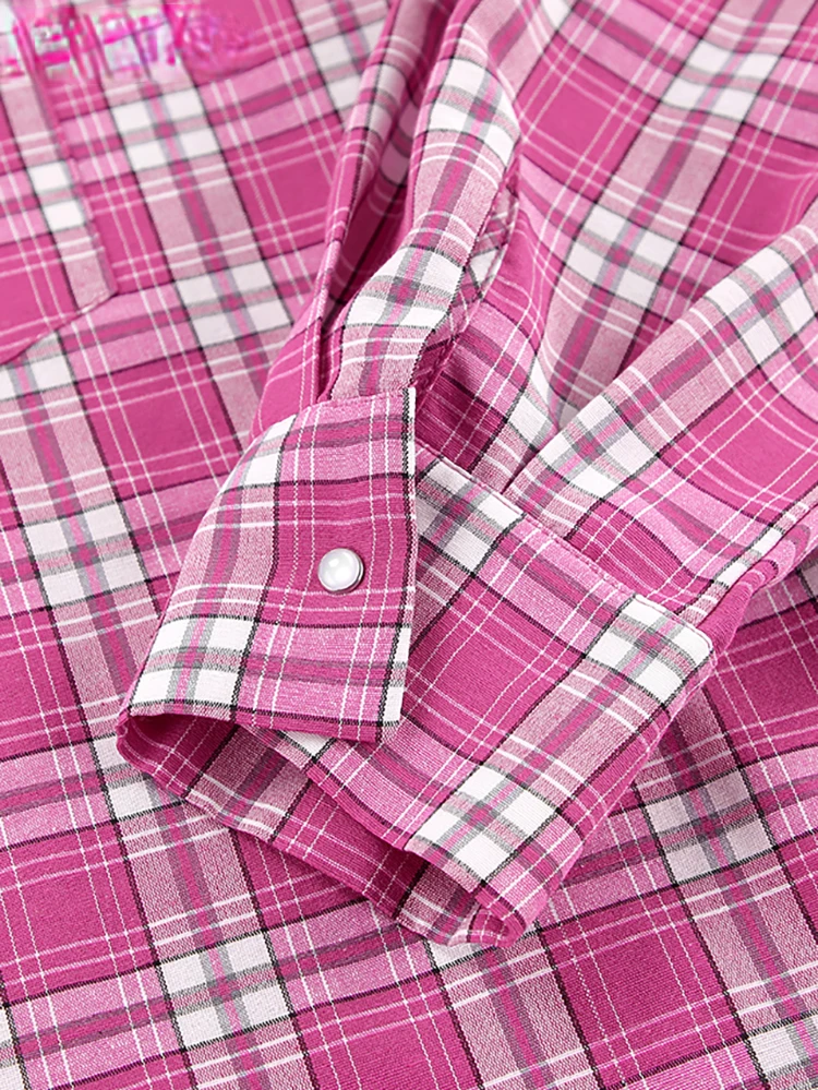 Pink Brightly Plaid Shirts For Women Spring Summer 2024 Long Sleeves Classic Lapel Blouses And Tops Oversize Checked