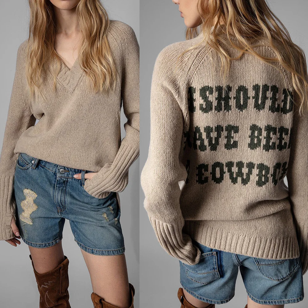 

V-Neck Knitted Sweater For Women Autumn Winter Long Sleeve I Shoulder Have Been A Cow Boy Letter Basic Pullover Sweater