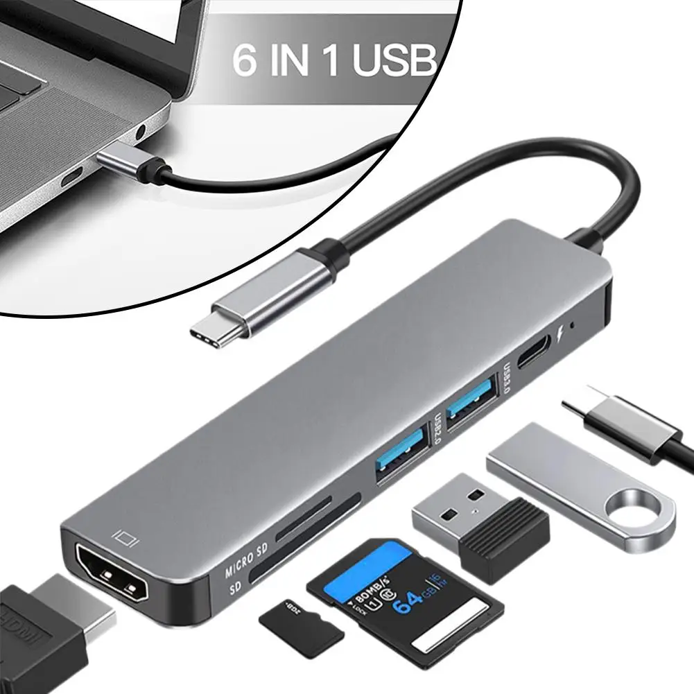 6 In 1 USB C Hub Type C To HDMI-compatible 4K@30Hz SD Card Slots Card Reader USB 2.0 3.0 Splitter For Macbook Comp Z9X9