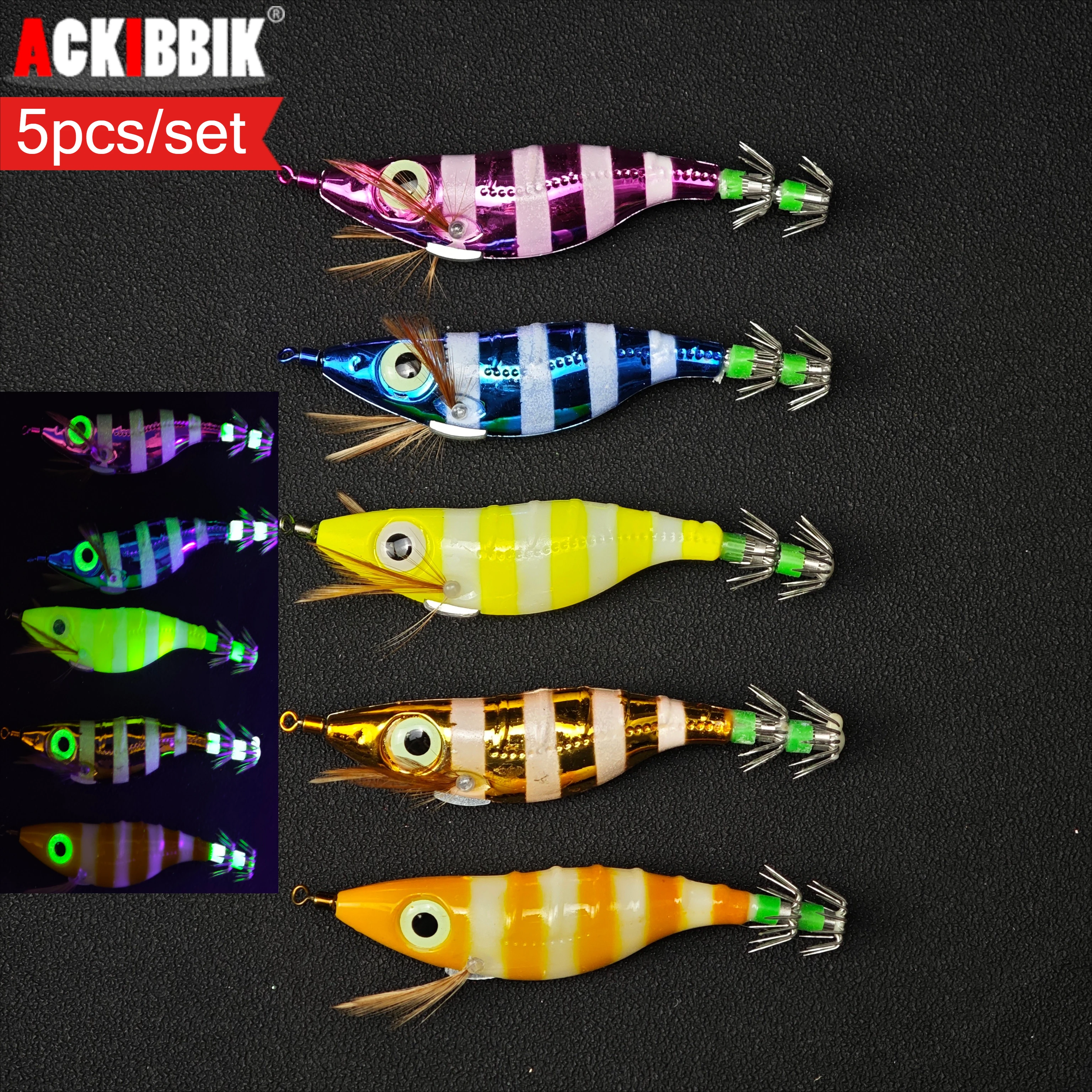 5pcs/set 10cm Horizontal Squid Jig, Luminous Wood Shrimp Egi Lure, Glow In Dark Saltwater Bait For Octopus & Cuttlefish