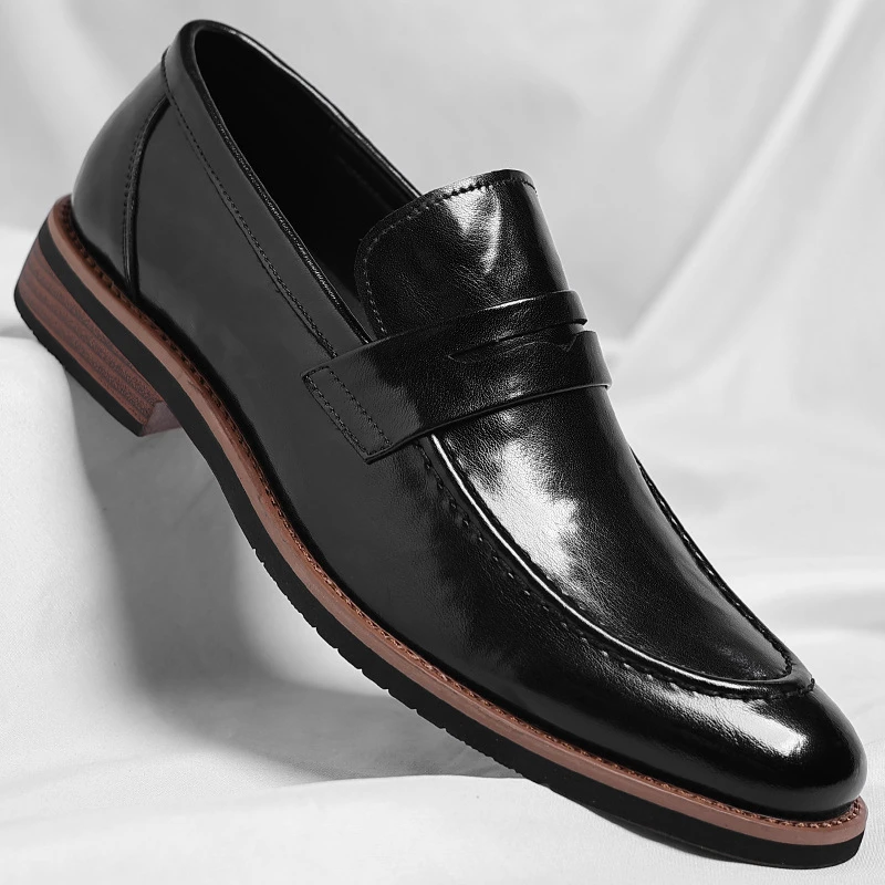 Mens Brown Burnished Genuine Leather Penny Loafers Slip On Business Formal Office Wedding Casual Dress Shoes Breathable Non-Slip