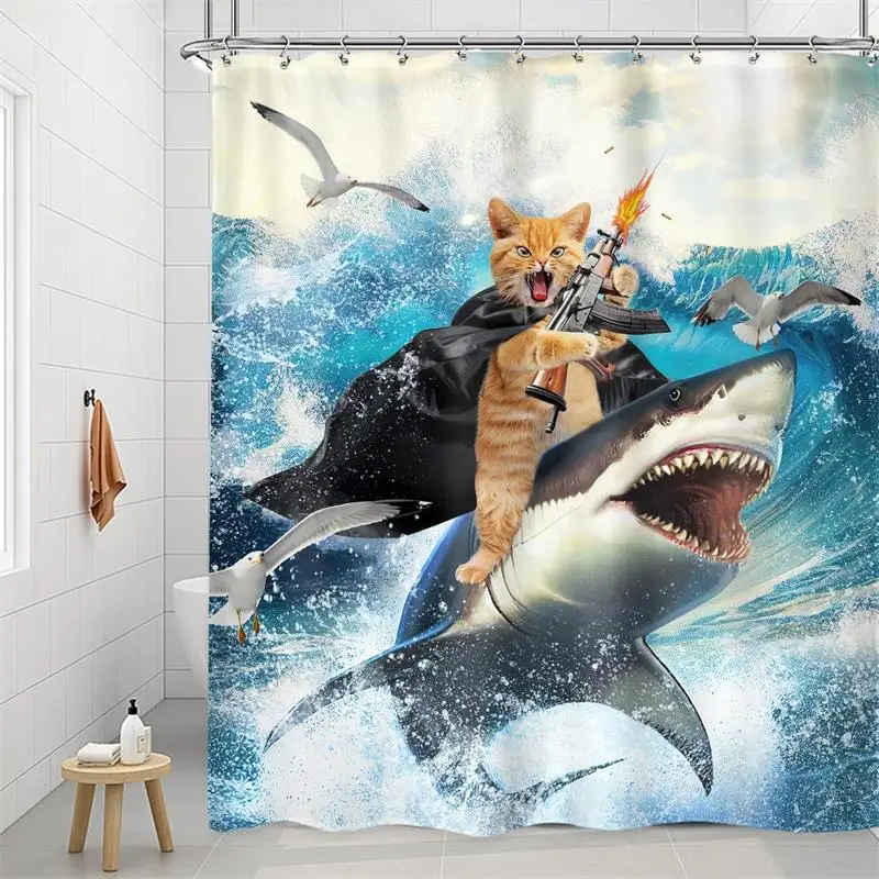 Funny Cat Riding Dinosaur Shower Curtains Sea Waves Starry Sky Sharks Birds Creative Kids Bath Curtain Polyester Bathroom Decor