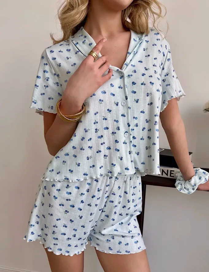 패션 반팔 반바지 프린트 세트 홈 의류 캐주얼하고 편안한 잠옷 투피스 세트