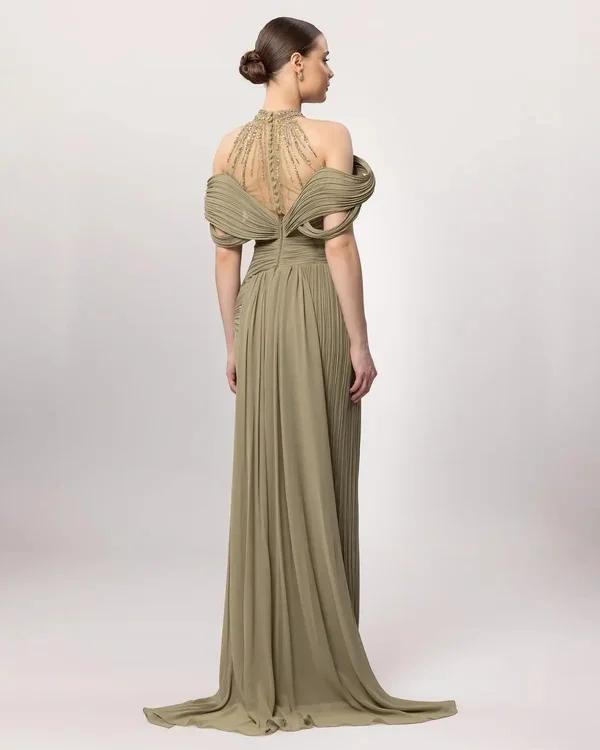 Maßgeschneidertes, plissiertes Meerjungfrauen-Abendkleid aus Tüll, schulterfrei, mit Strass, hohem Kragen, bodenlang, formelles Kleid für Hochzeitsgäste und Partys