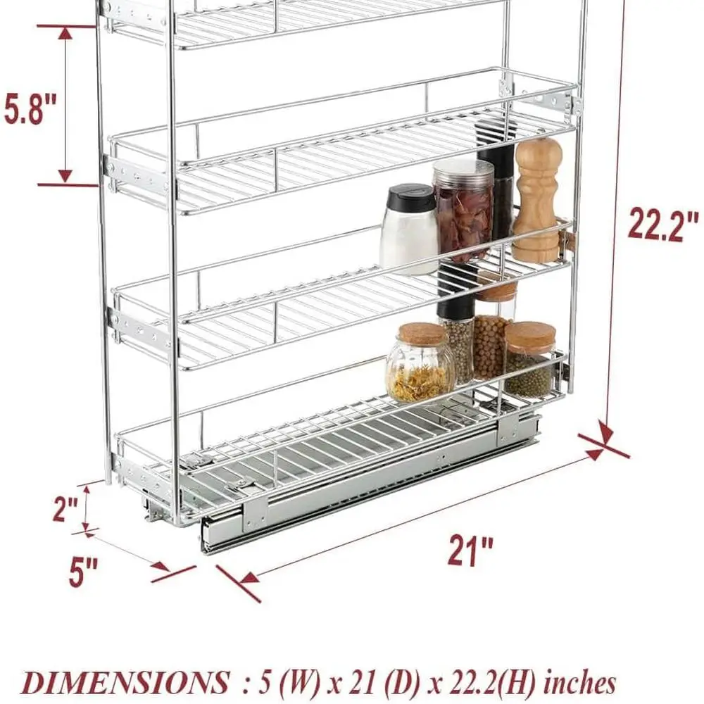 رف توابل رفيع لخزانة المطبخ قابل للسحب، سلال سلكية 5 وات × 21 دي لتنظيم التخزين الفعال في المساحات الضيقة