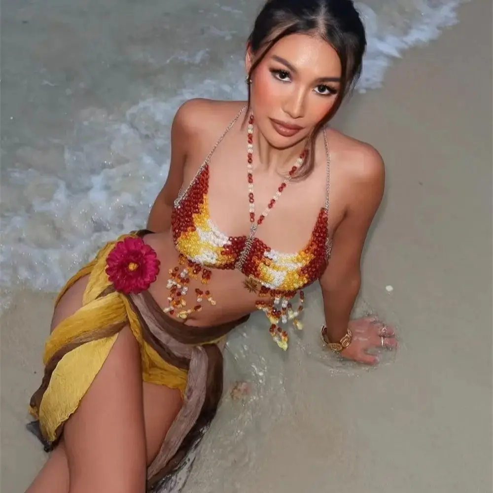 جديد Y2k مستوحاة من اللؤلؤ المظهر هامش قلادة المرأة بيكيني للشاطئ التستر عطلة جاهزة متعدد الطبقات مطرز تانك القمم