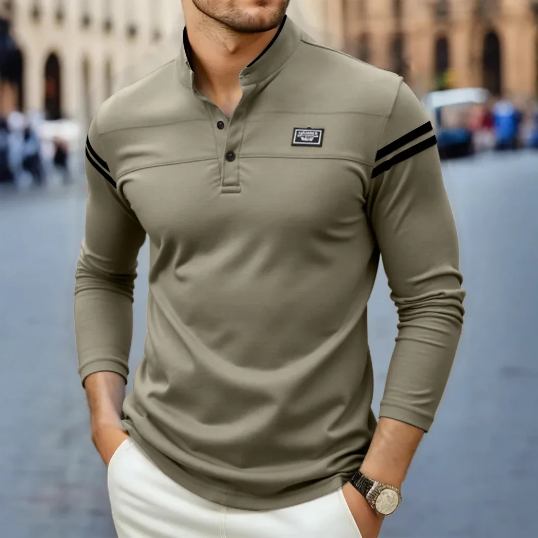 2025 New Men's Casual Fashion Solid Color Long Sleeved Polo Shirt Stand Up Collar Versatile Comfortable Top