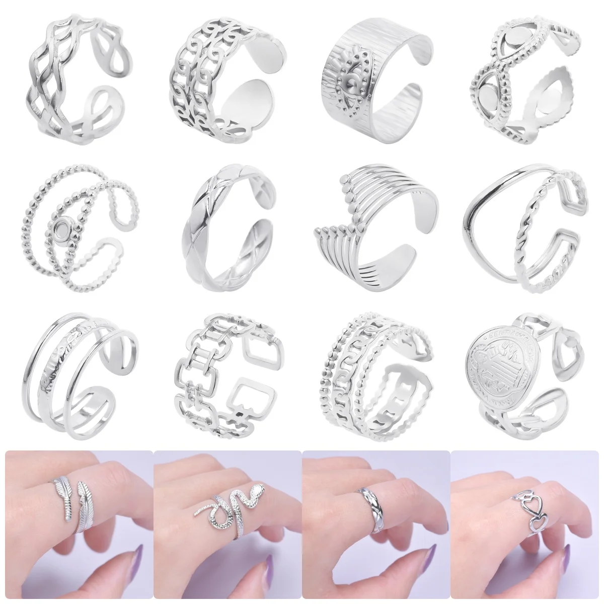 

5pcs Stainless Steel Snake Rings Metal No Fading Evil Eye Geometry Love Hollowing Out Silver Color Female Male Wedding Ring
