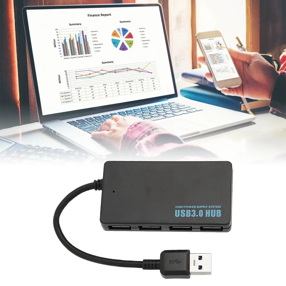

Портативный USB-концентратор на 4 порта USB 3.0, Plug and Play, высокоскоростной USB-хаб 5 Гбит/с, черный USB 3.0-сплиттер для передачи данных